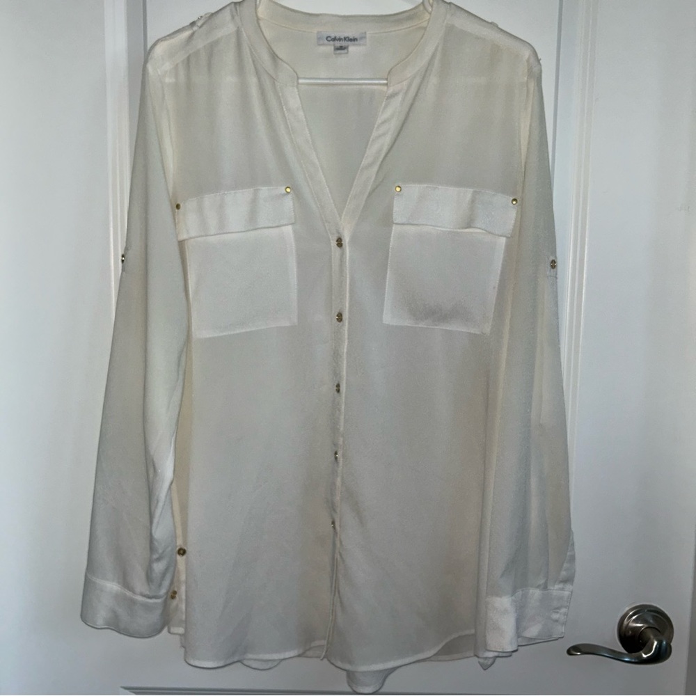 Calvin Klein Off White Long Sleeve V-Neck Blouse